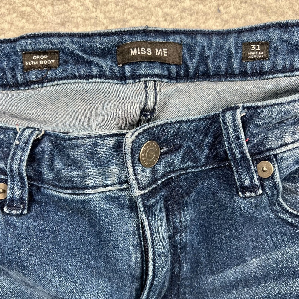 Miss Me Jeans Womens‎ 31 *29 Crop Slim Bootcut Raw Hem Boho Denim Blue Two-Tone - Picture 10 of 11